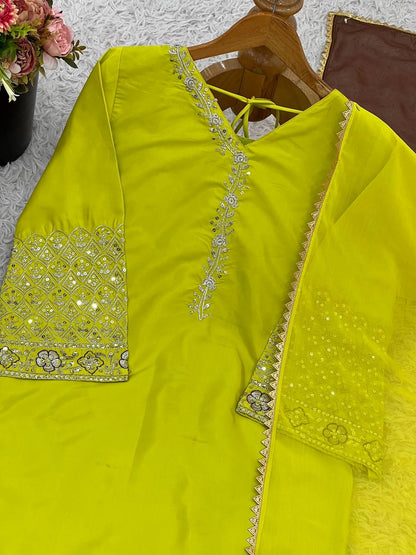 Punjabi Suit with Embroidery Work, Fancy Neck & Dupatta – Ready to Wear Palazzo Style Salwar Kameez