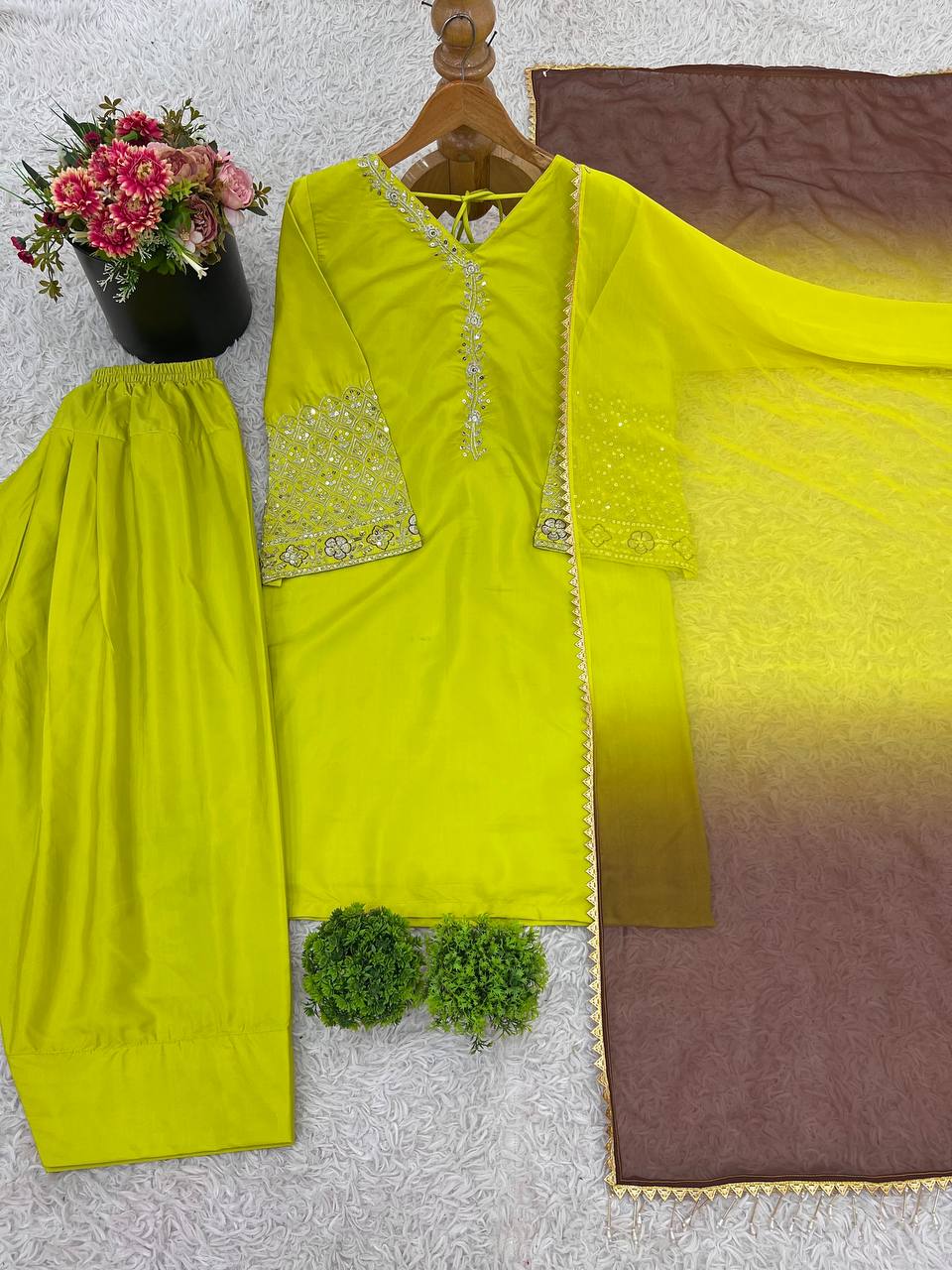 Punjabi Suit with Embroidery Work, Fancy Neck & Dupatta – Ready to Wear Palazzo Style Salwar Kameez