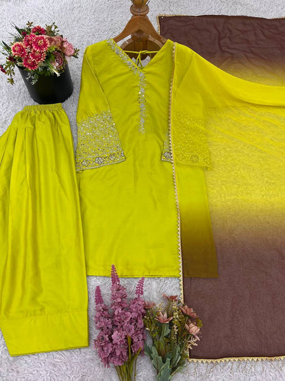 Punjabi Suit with Embroidery Work, Fancy Neck & Dupatta – Ready to Wear Palazzo Style Salwar Kameez
