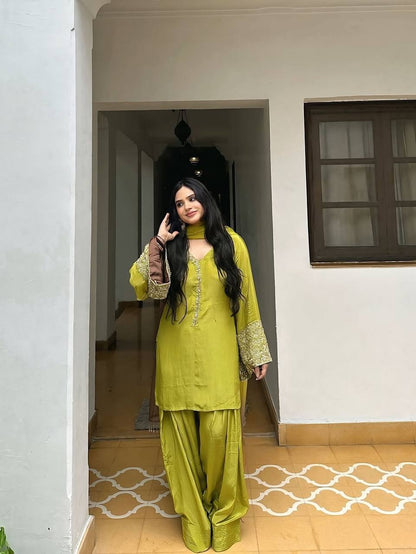 Punjabi Suit with Embroidery Work, Fancy Neck & Dupatta – Ready to Wear Palazzo Style Salwar Kameez