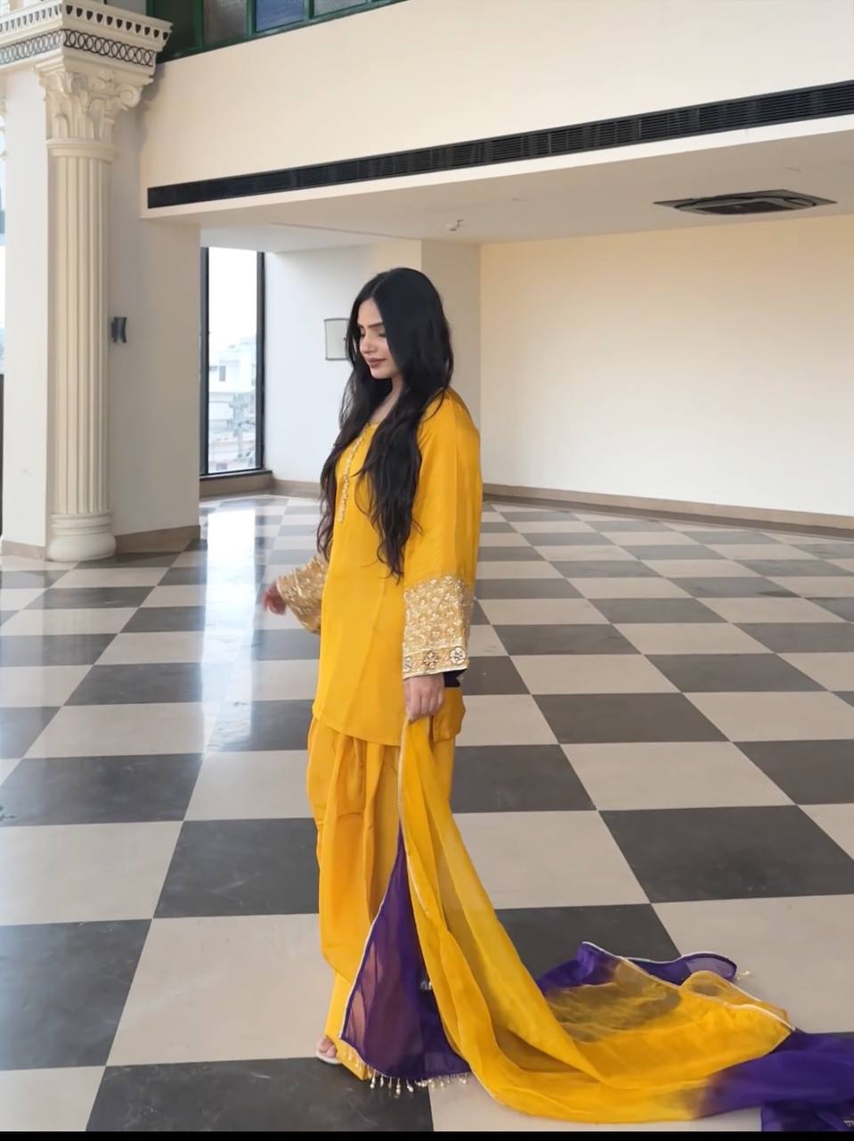 Punjabi Suit with Embroidery Work, Fancy Neck & Dupatta – Ready to Wear Palazzo Style Salwar Kameez