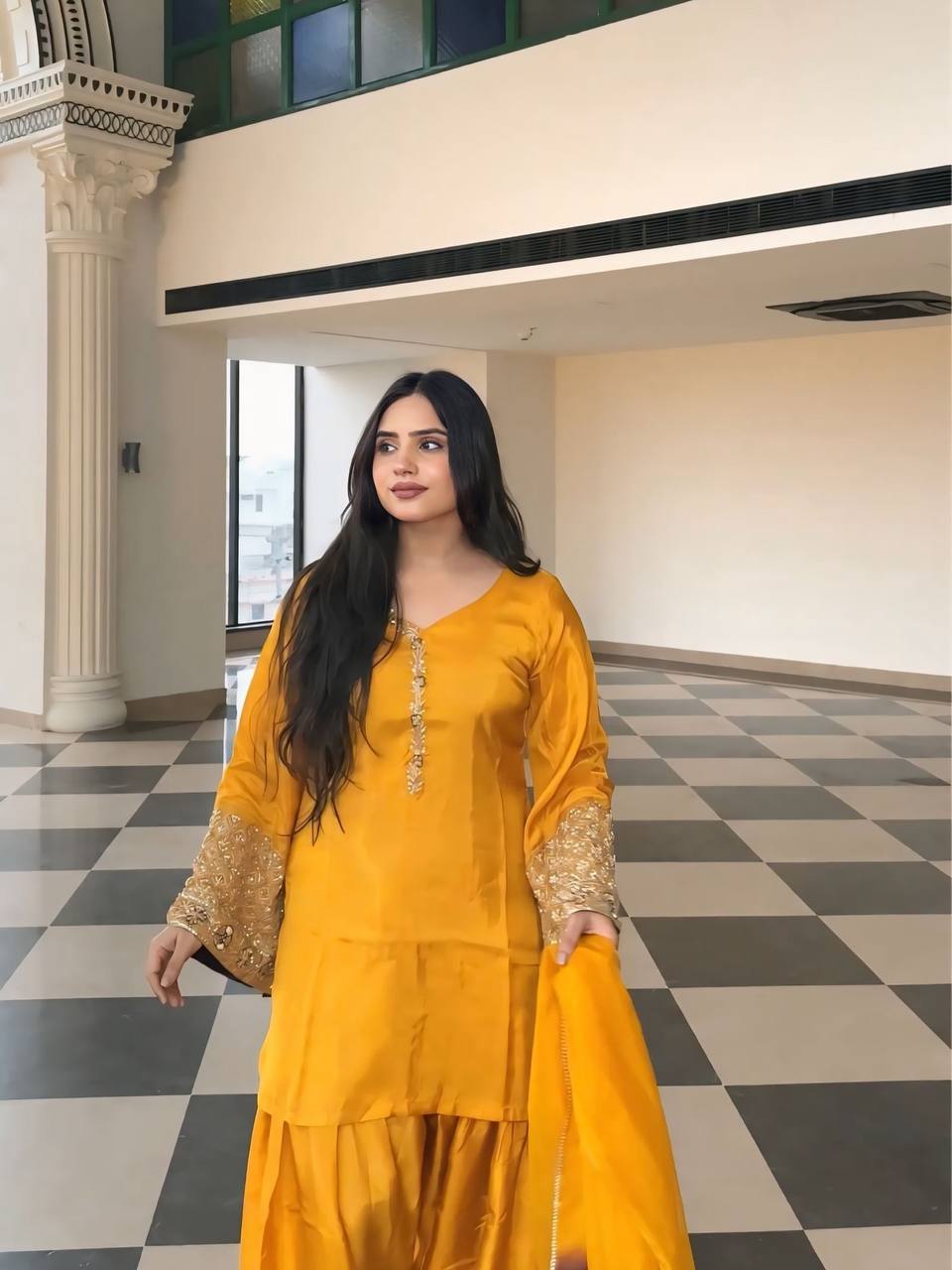 Punjabi Suit with Embroidery Work, Fancy Neck & Dupatta – Ready to Wear Palazzo Style Salwar Kameez