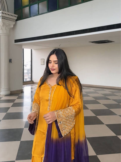 Punjabi Suit with Embroidery Work, Fancy Neck & Dupatta – Ready to Wear Palazzo Style Salwar Kameez