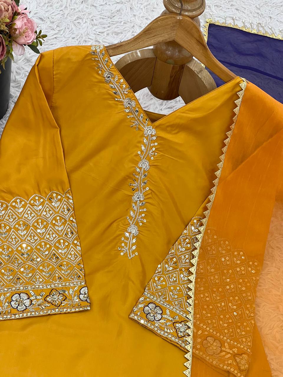 Punjabi Suit with Embroidery Work, Fancy Neck & Dupatta – Ready to Wear Palazzo Style Salwar Kameez
