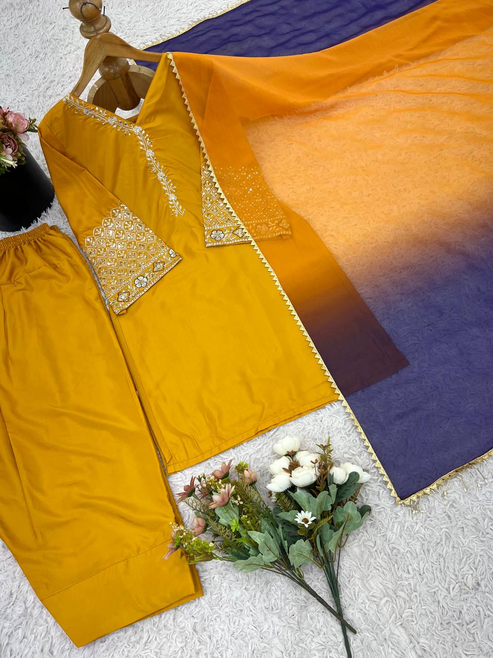 Punjabi Suit with Embroidery Work, Fancy Neck & Dupatta – Ready to Wear Palazzo Style Salwar Kameez