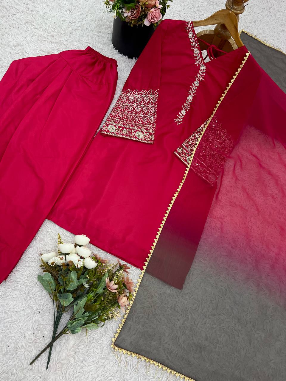 PPunjabi Suit with Embroidery Work, Fancy Neck & Dupatta – Ready to Wear Palazzo Style Salwar Kameez