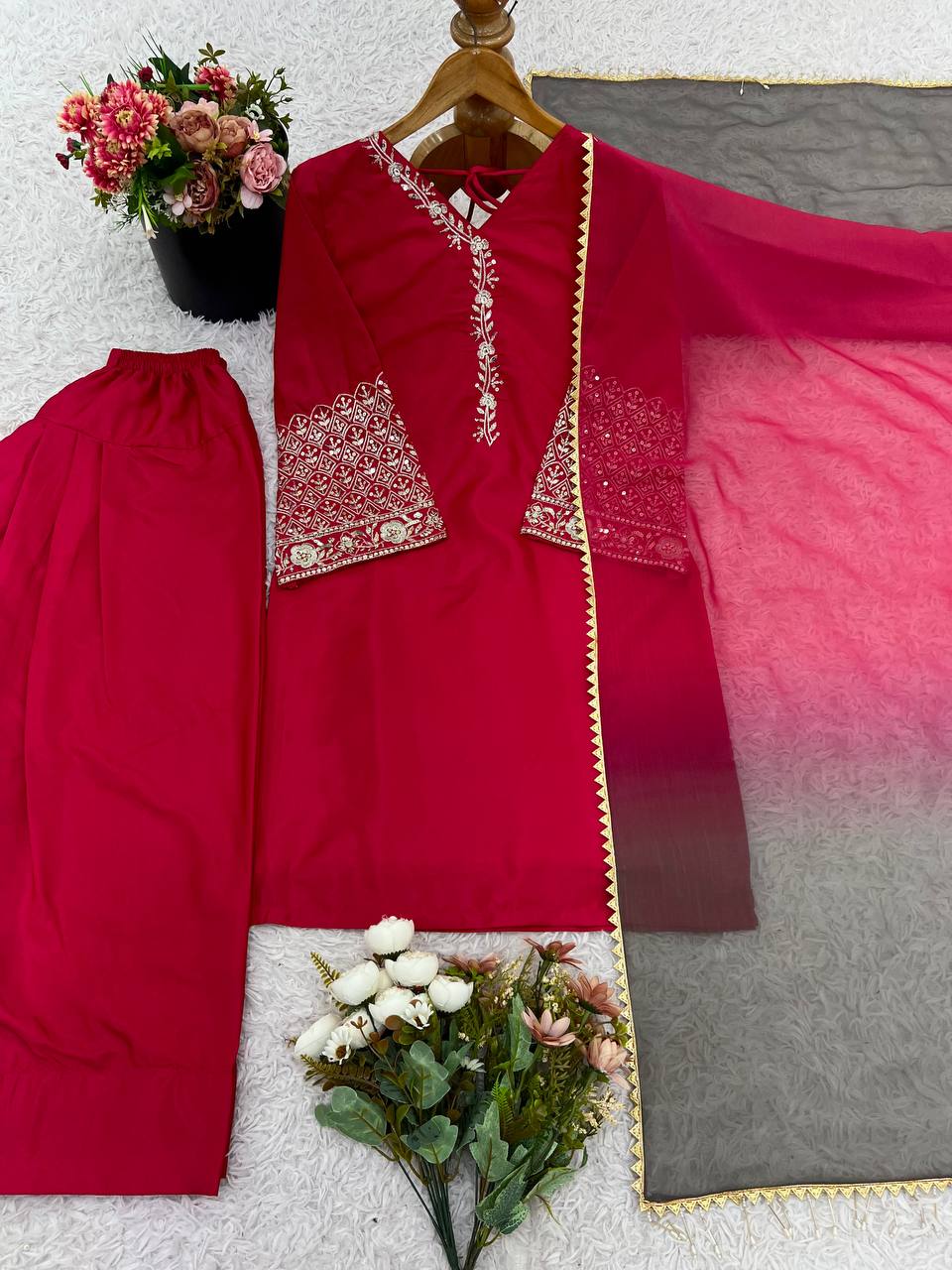 Punjabi Suit with Embroidery Work, Fancy Neck & Dupatta – Ready to Wear Palazzo Style Salwar Kameez 