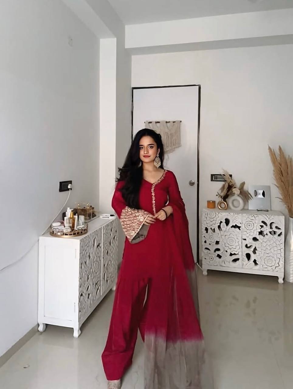 Punjabi Suit with Embroidery Work, Fancy Neck & Dupatta – Ready to Wear Palazzo Style Salwar Kameez