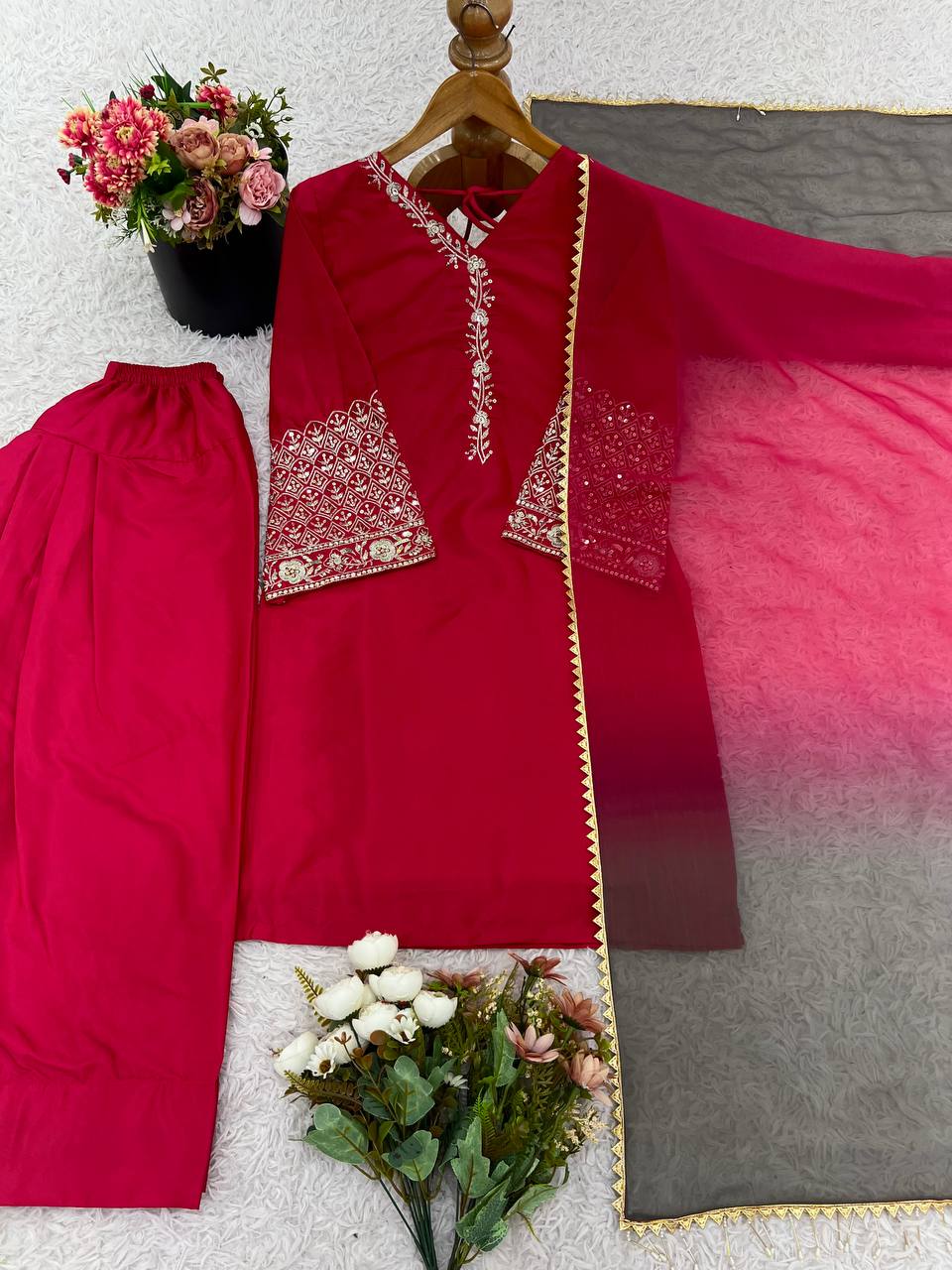 Punjabi Suit with Embroidery Work, Fancy Neck & Dupatta – Ready to Wear Palazzo Style Salwar Kameez