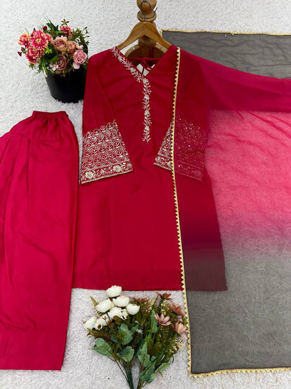 Punjabi Suit with Embroidery Work, Fancy Neck & Dupatta – Ready to Wear Palazzo Style Salwar Kameez