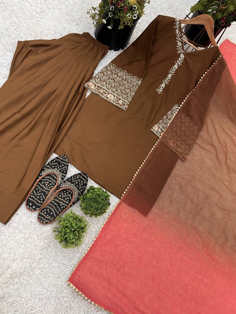 Punjabi Suit with Embroidery Work, Fancy Neck & Dupatta – Ready to Wear Palazzo Style Salwar Kameez 