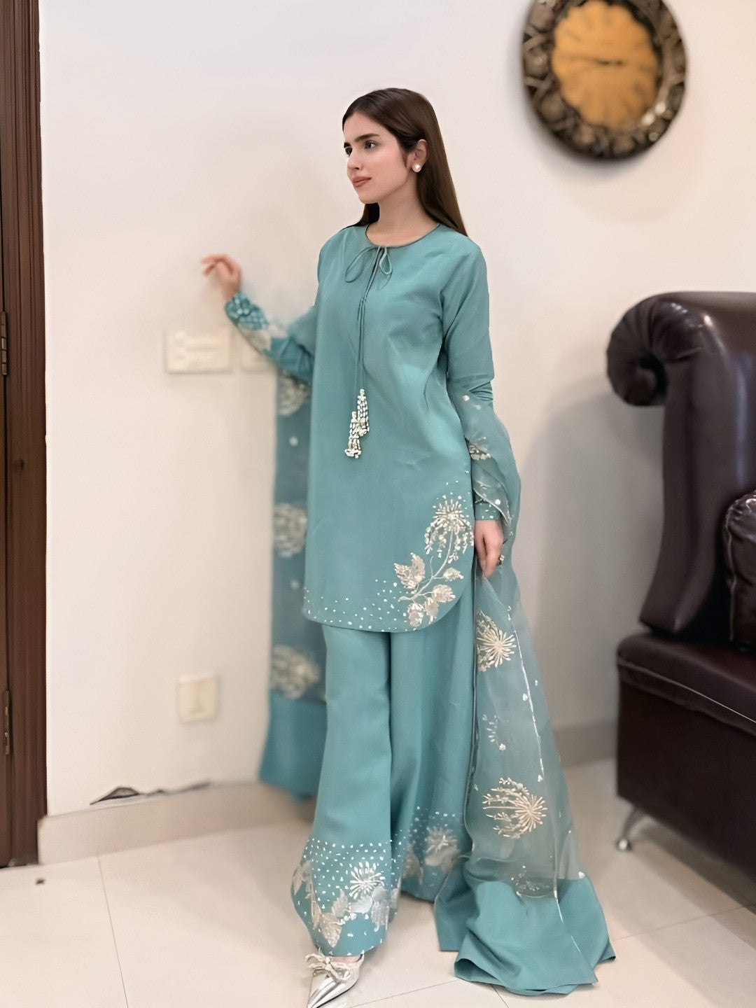 Pure Natural Crep Kurta And Palazzo With Dupatta For Wedding Wear