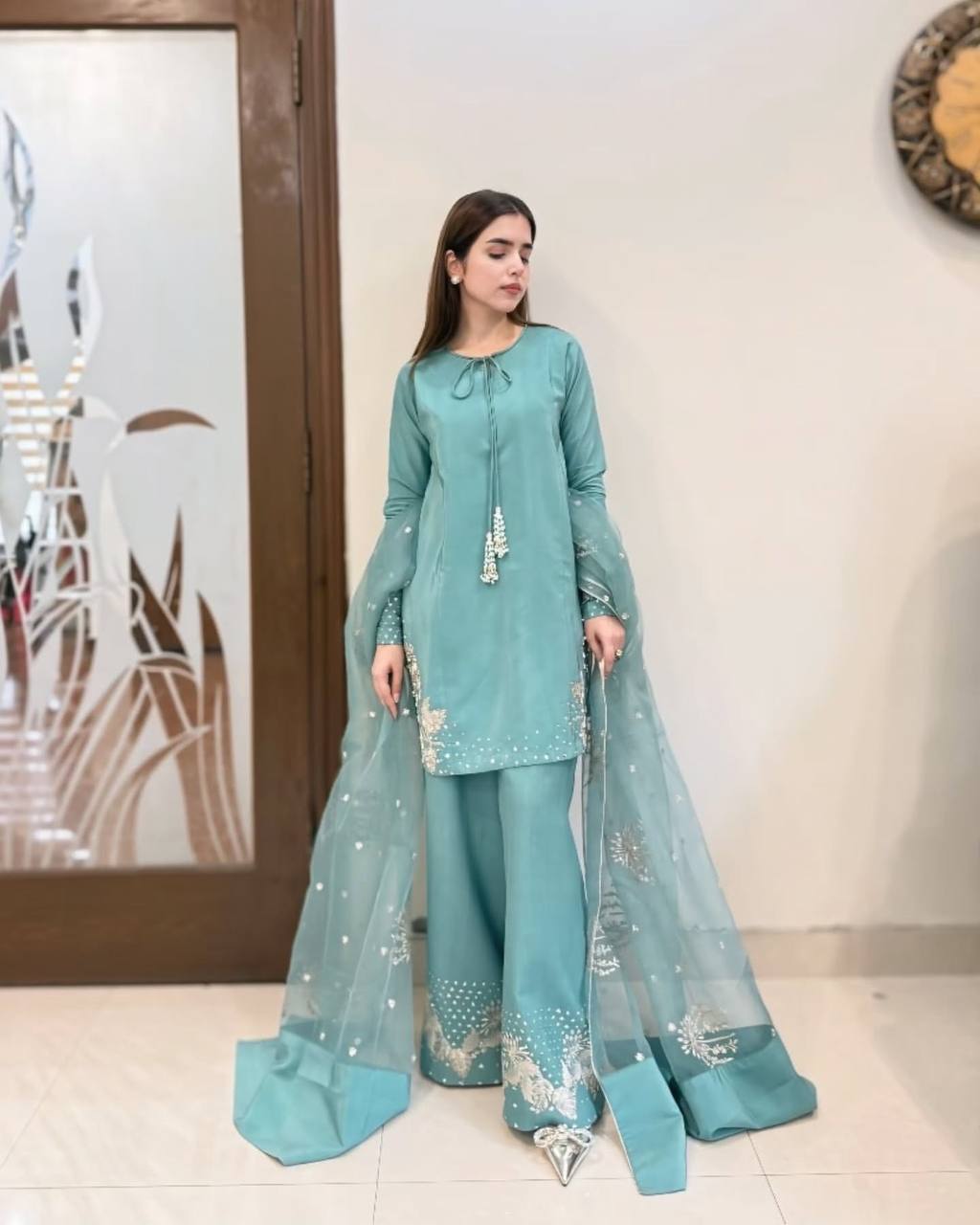 Pure Natural Crep Kurta And Palazzo With Dupatta For Wedding Wear