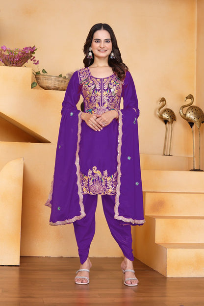 Purpel Designer Chinon Dhoti Suit with Coding Sequins Embroidery