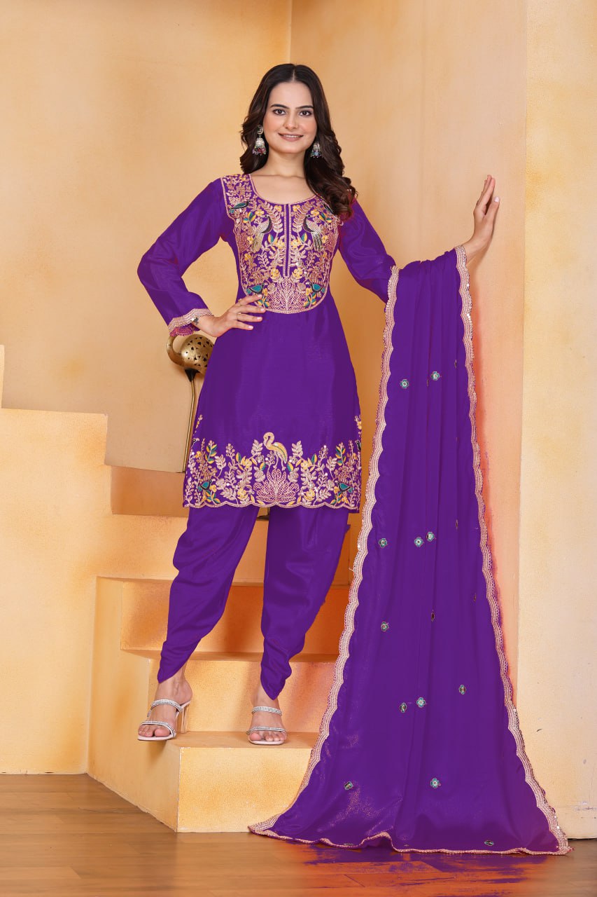 Purpel Designer Chinon Dhoti Suit with Coding Sequins Embroidery