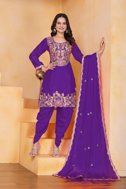 Purpel Designer Chinon Dhoti Suit with Coding Sequins Embroidery