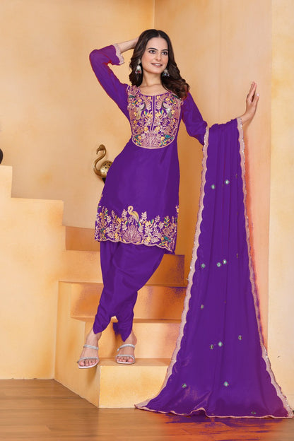 Purpel Designer Chinon Dhoti Suit with Coding Sequins Embroidery