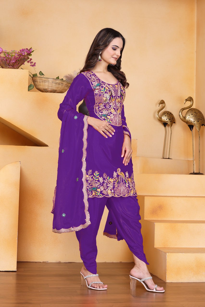 Purpel Designer Chinon Dhoti Suit with Coding Sequins Embroidery