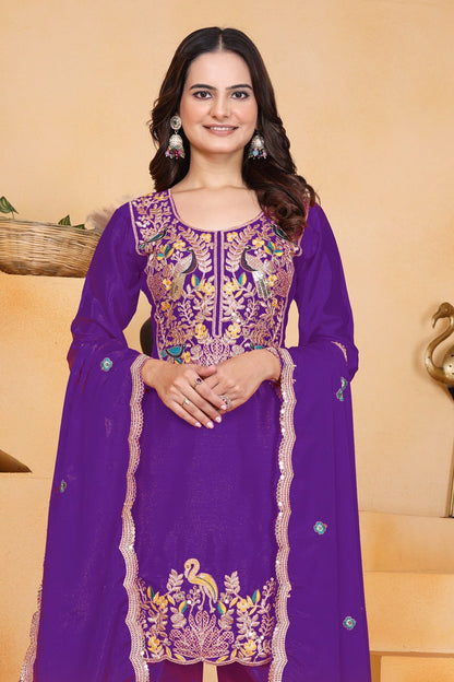 Purpel Designer Chinon Dhoti Suit with Coding Sequins Embroidery