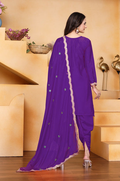 Purpel Designer Chinon Dhoti Suit with Coding Sequins Embroidery