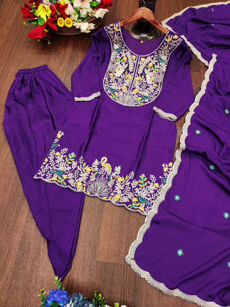 Purpel Designer Chinon Dhoti Suit with Coding Sequins Embroidery