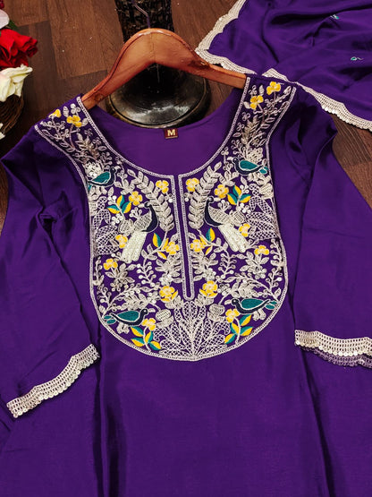 Purpel Designer Chinon Dhoti Suit with Coding Sequins Embroidery