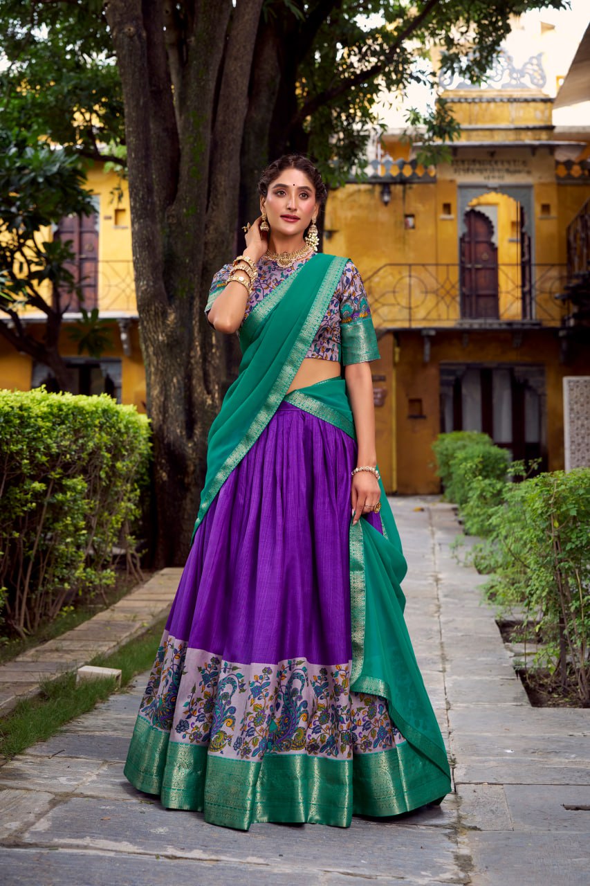 Purple Aastha Silk Printed Lehenga Choli Set with Green Dupatta