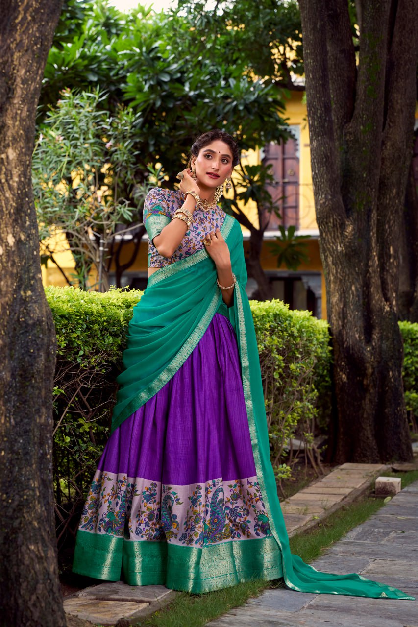 Purple Aastha Silk Printed Lehenga Choli Set with Green Dupatta