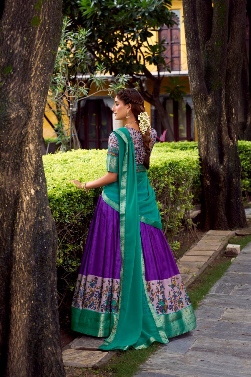 Purple Aastha Silk Printed Lehenga Choli Set with Green Dupatta