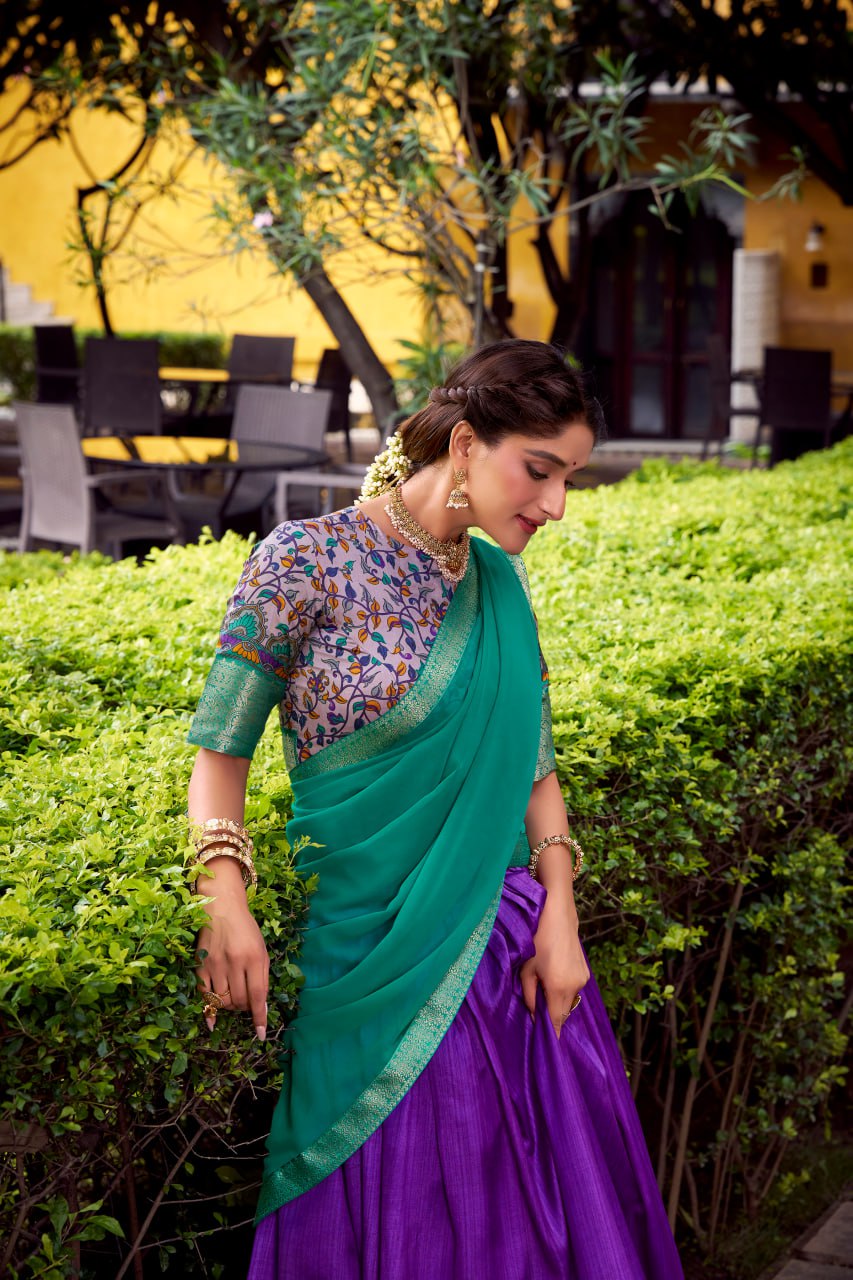 Purple Aastha Silk Printed Lehenga Choli Set with Green Dupatta