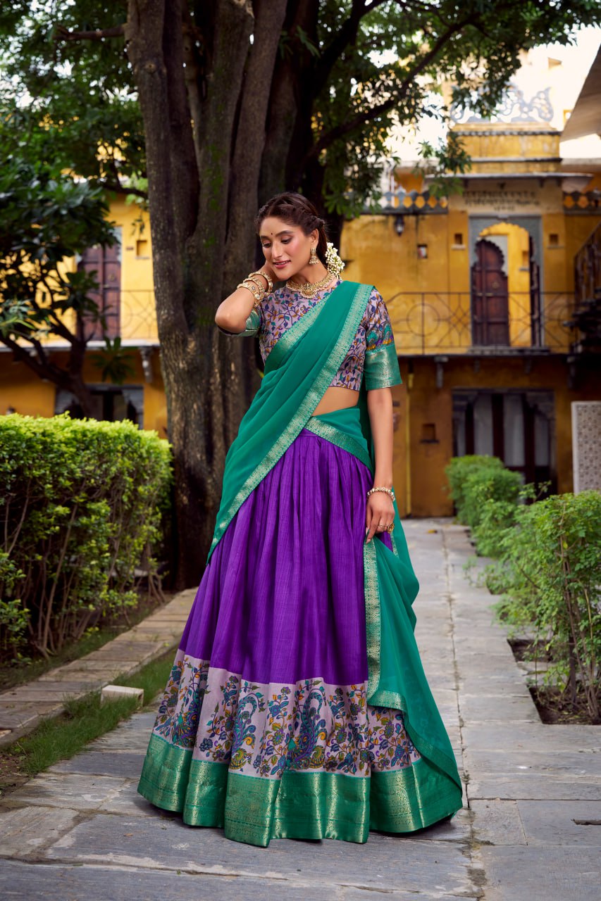 Purple Aastha Silk Printed Lehenga Choli Set with Green Dupatta