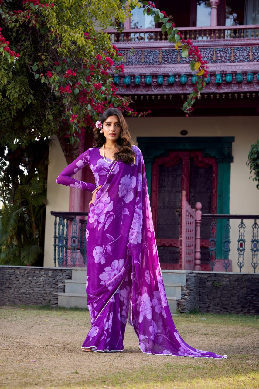 Purple Chiffon Floral Printed Saree Pearl Lace Border Matching Blouse