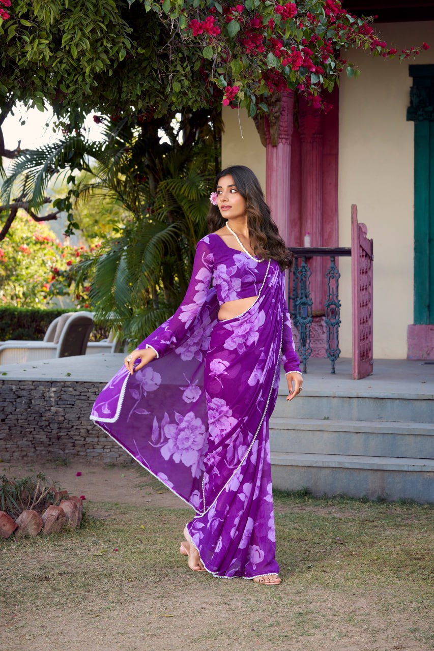 Purple Chiffon Floral Printed Saree Pearl Lace Border Matching Blouse