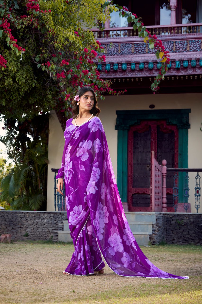 Purple Chiffon Floral Printed Saree Pearl Lace Border Matching Blouse