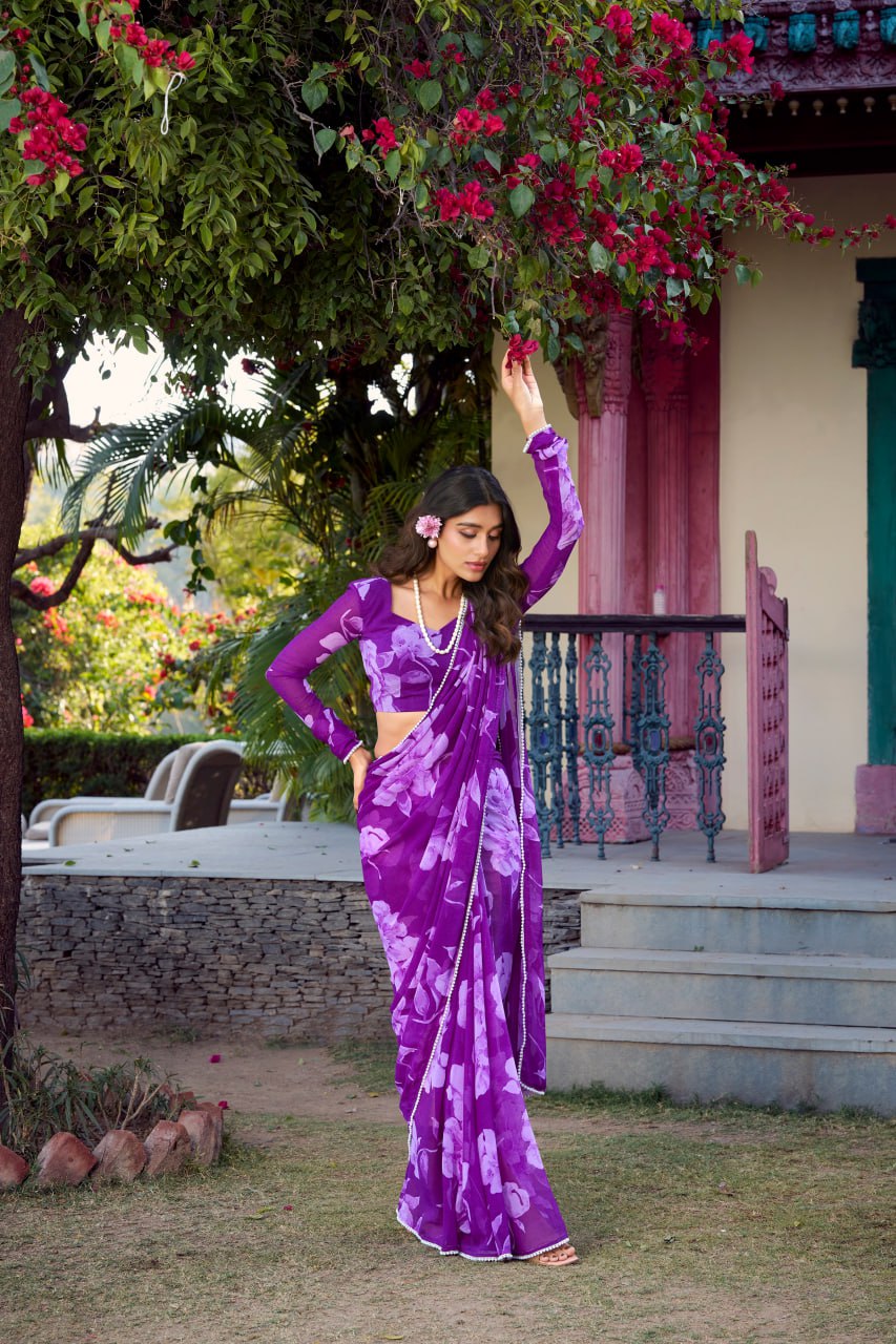 Purple Chiffon Floral Printed Saree Pearl Lace Border Matching Blouse