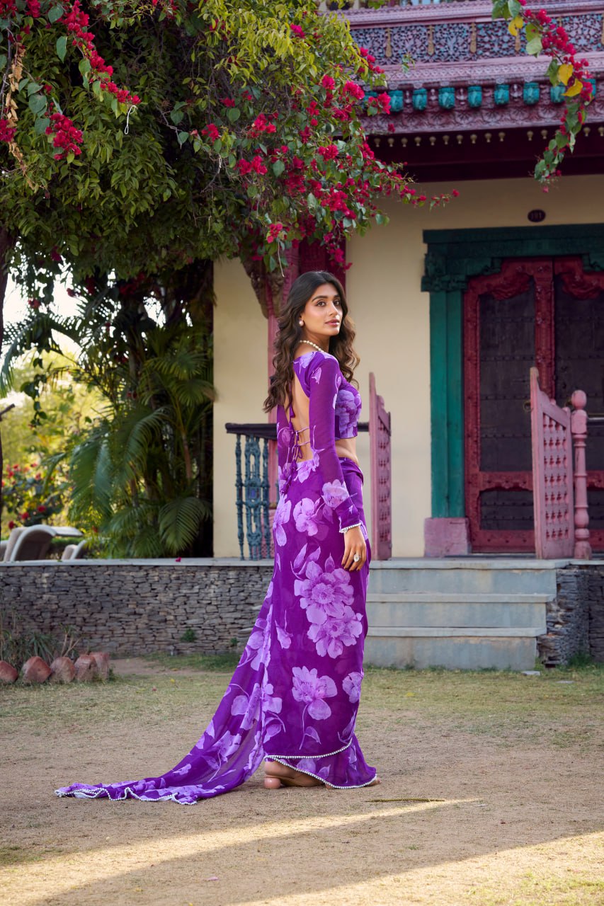 Purple Chiffon Floral Printed Saree Pearl Lace Border Matching Blouse