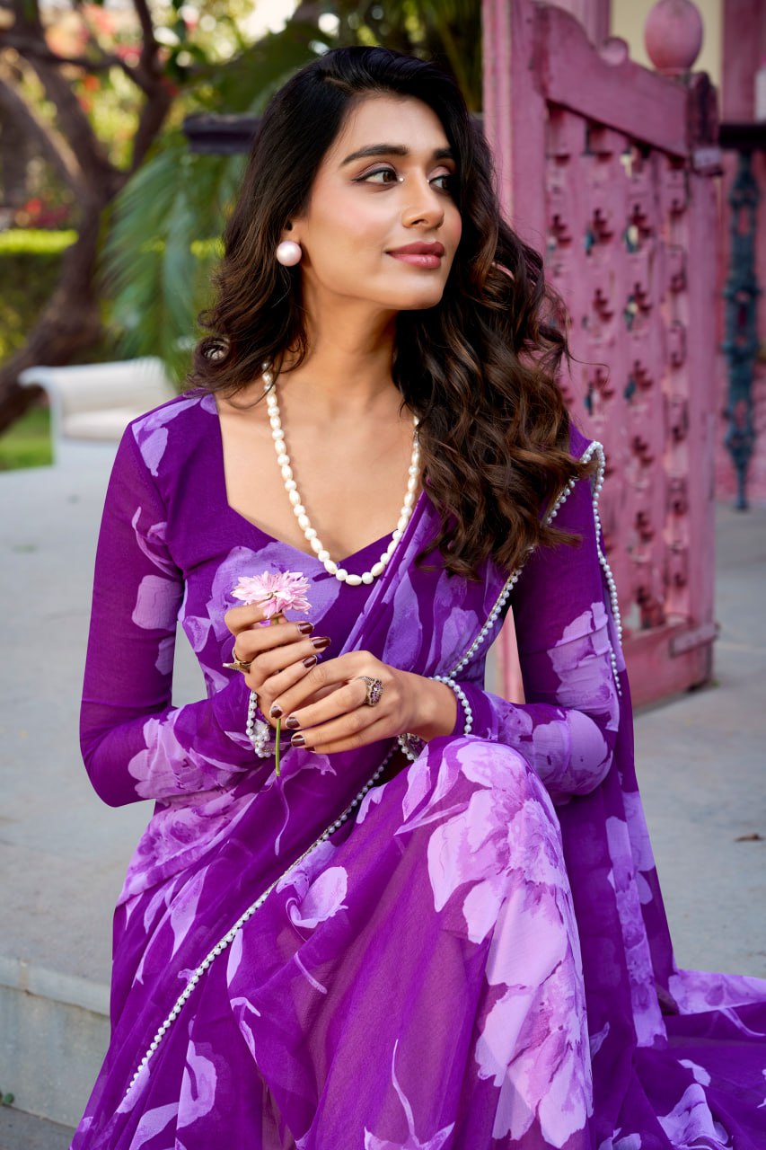 Purple Chiffon Floral Printed Saree Pearl Lace Border Matching Blouse