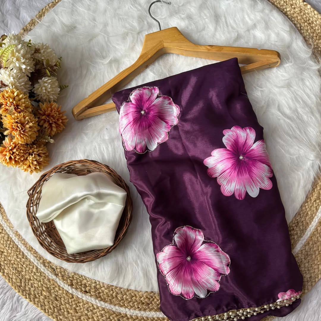 Purple Chinnon Silk Printed Saree with Satin Silk Blouse