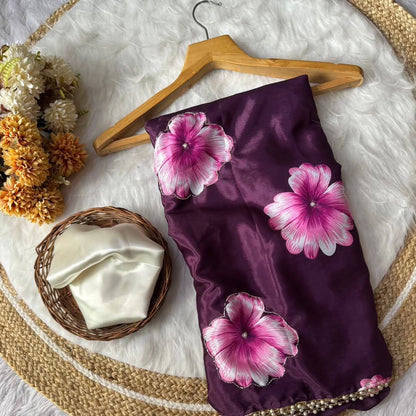 Purple Chinnon Silk Printed Saree with Satin Silk Blouse