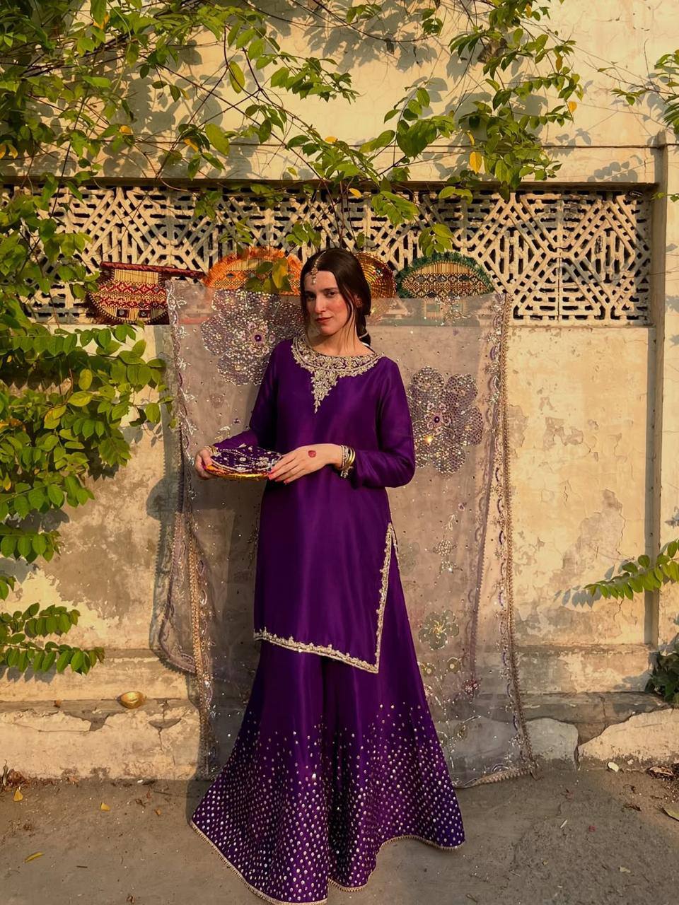 Purple Chinon Sequence Embroidery Palazzo Suit with Organza Dupatta