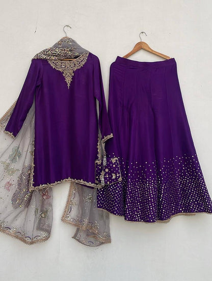 Purple Chinon Sequence Embroidery Palazzo Suit with Organza Dupatta