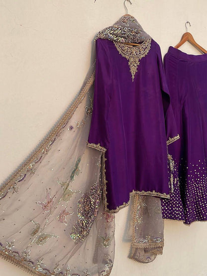 Purple Chinon Sequence Embroidery Palazzo Suit with Organza Dupatta