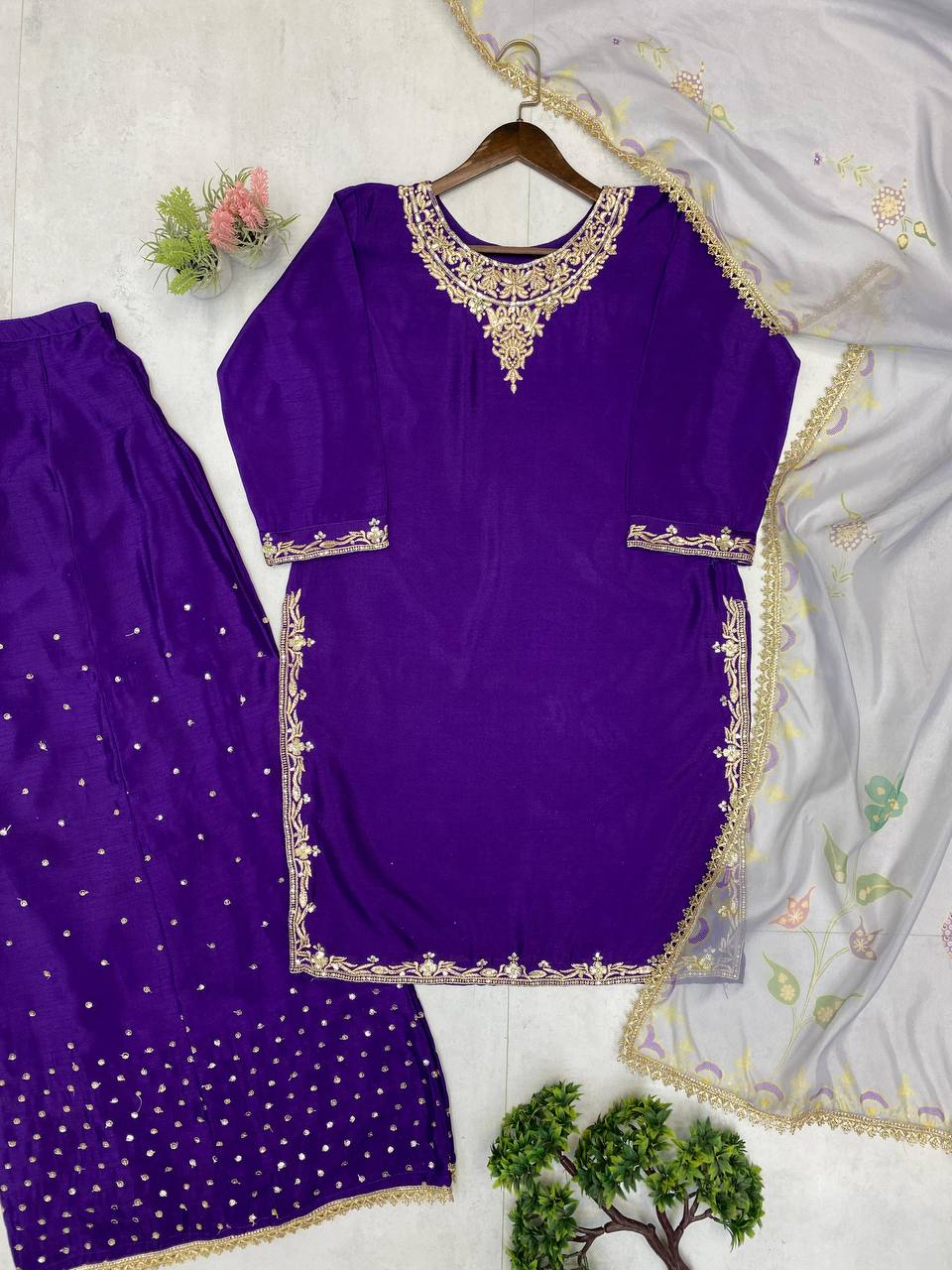 Purple Chinon Sequence Embroidery Palazzo Suit with Organza Dupatta