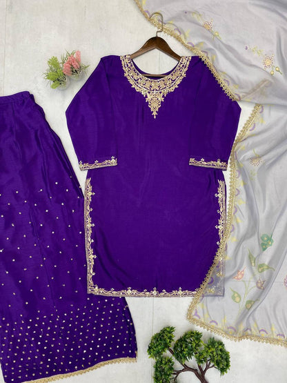 Purple Chinon Sequence Embroidery Palazzo Suit with Organza Dupatta