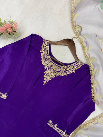 Purple Chinon Sequence Embroidery Palazzo Suit with Organza Dupatta