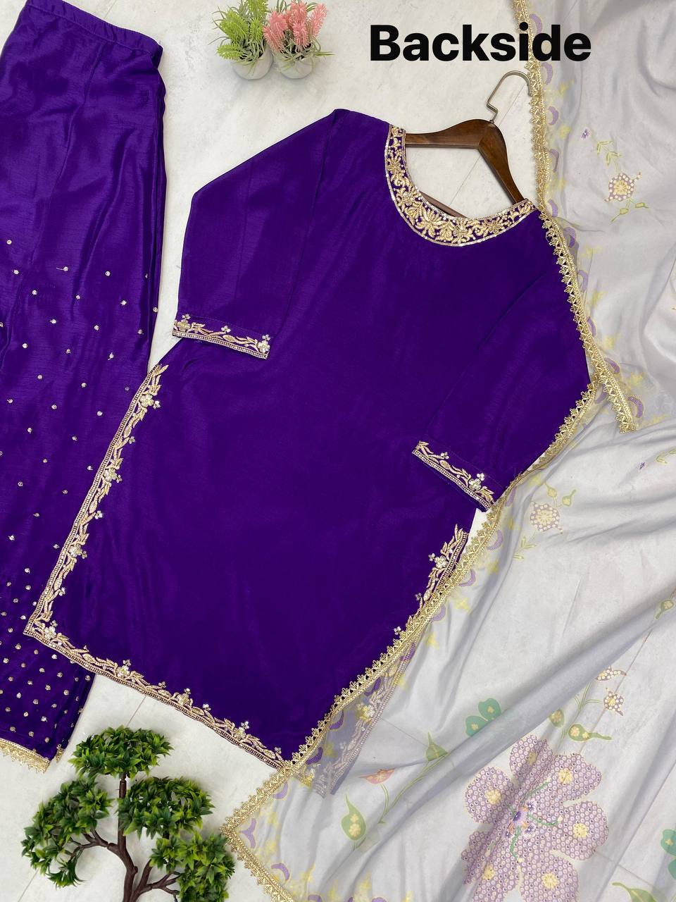 Purple Chinon Sequence Embroidery Palazzo Suit with Organza Dupatta