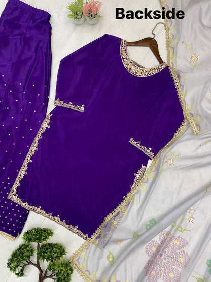 Purple Chinon Sequence Embroidery Palazzo Suit with Organza Dupatta