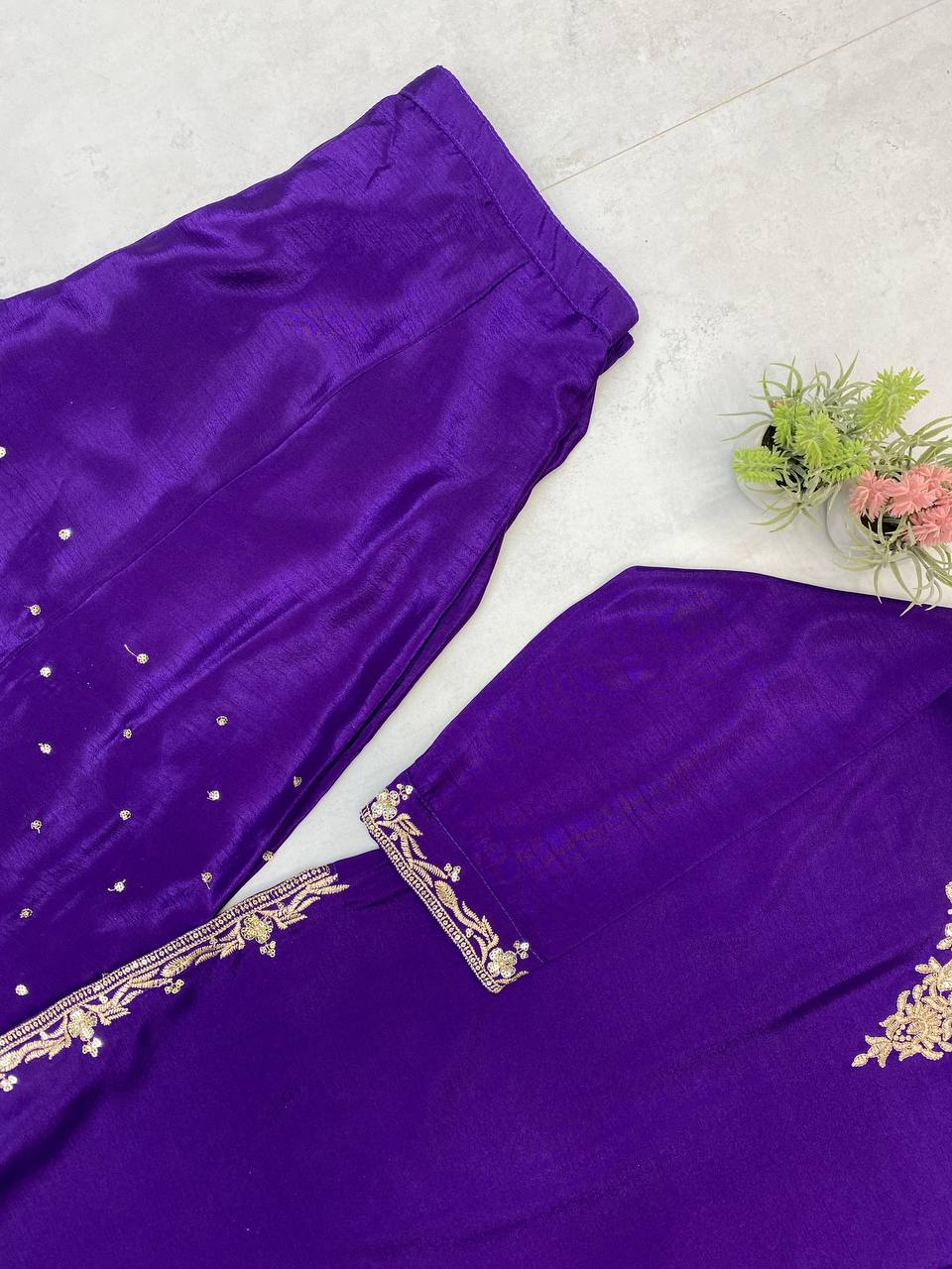 Purple Chinon Sequence Embroidery Palazzo Suit with Organza Dupatta