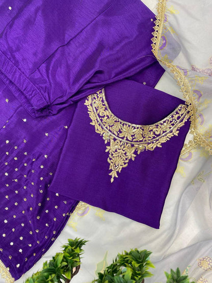 Purple Chinon Sequence Embroidery Palazzo Suit with Organza Dupatta