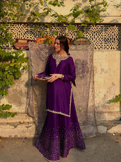 Purple Chinon Sequence Embroidery Palazzo Suit with Organza Dupatta